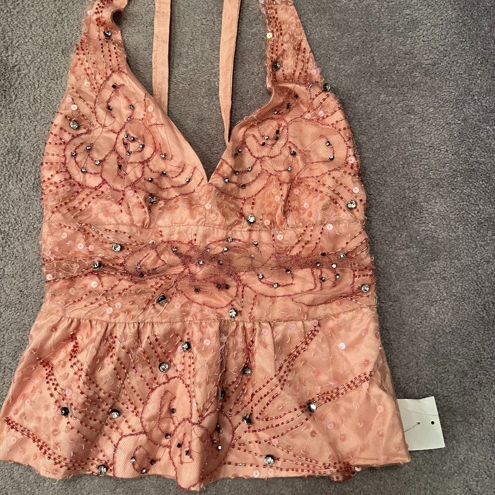 Vintage Pink Beaded Peplum Tank Top with a Bow